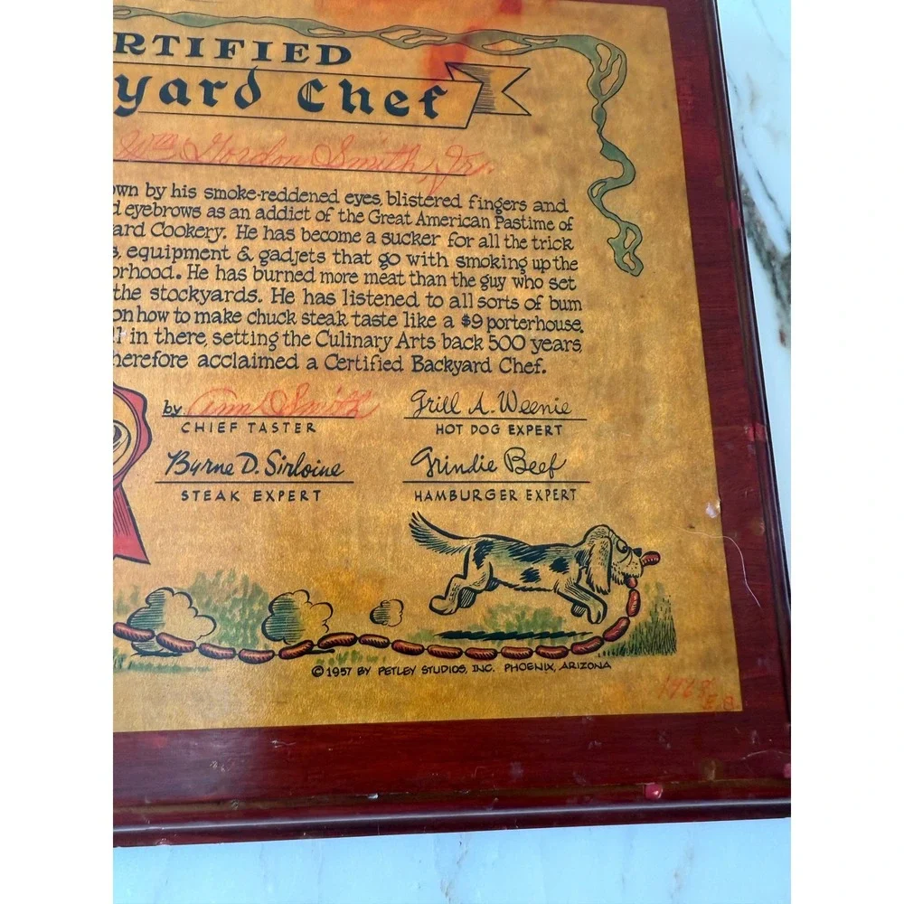 Vintage 1957 Certified Backyard Chef Framed BBQ Kitchen Wall Art